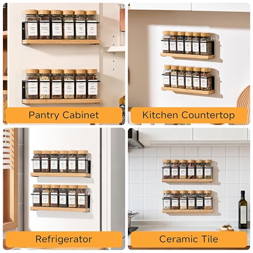 4-Tier Wall Mount Spice Rack Organizer with 24 Glass Jars, 216 Labels & Funnel - Screw/Adhesive Mount, Black Metal & Bamboo Spice Storage for Kitchen Pantry Cabinet, 11.6”W x 2.4”D x 3.2”H - view 6