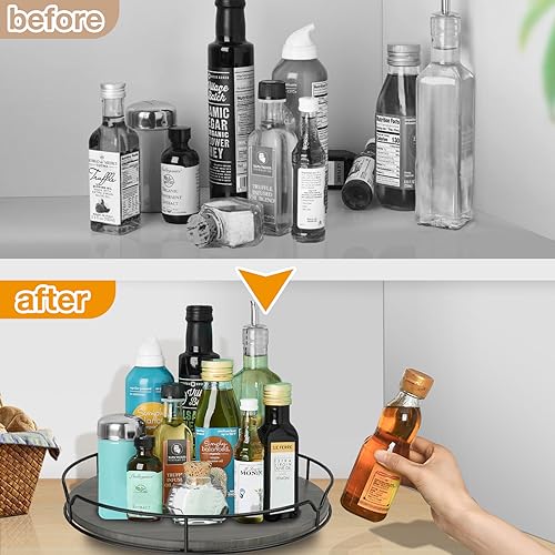Lazy Susan Turntable Organizer with Anti-Slip Mat for Cabinet Pantry Kitchen Countertop Refrigerator Office, Pine Wood, 12", Grey… - view 5