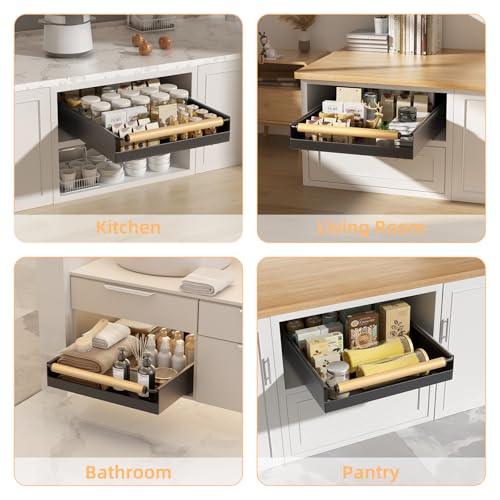 2 Pack 15.3'' Deep Expandable Slide Out Cabinet Shelf No-Drill Pull Out Drawer with Nano Film Adhesive, Heavy Duty Pull Out Tray for Kitchen, Pantry & Bathroom, Black - view 5