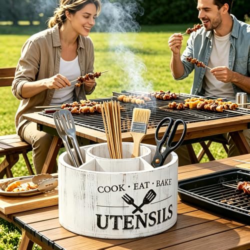 Rotating Utensil Holder for Kitchen Countertop, 360° Lazy Susan Wooden Utensil Organizer with 5 Compartments, Solid Wood Cooking Tool Storage Rack, Farmhouse White Kitchen Decor for Spatulas, Spoons - view 2
