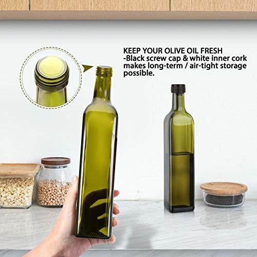 17oz Glass Olive Oil Bottle Dispenser - 500ml Green Oil and Vinegar Cruet with Pourers and Funnel - Olive Oil Carafe Decanter for Kitchen - view 4