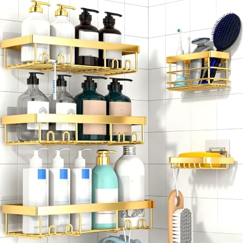 Adhesive Shower Caddy Organizer Shelves Rack - 5 Pack Corner Bathroom Storage Organization, Home & Kitchen Decor Inside RV Accessories, Hanging First Apartment Household Camper Essentials