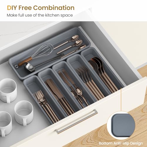 6 Pack Silicone Kitchen Drawer Organizer, DIY Combination Silverware Utensil Tray, Water Repellent, Anti-slip, Heat Resistant to 200°C (Grey) - view 4