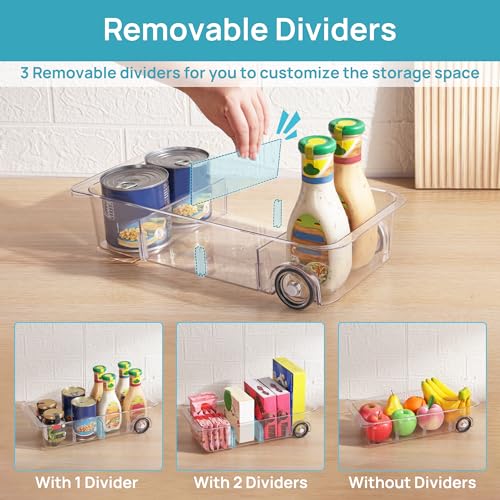 Fridge Organizer Bins on Wheels, Clear Roll Out Drawer Refrigerator Organizing Caddy with Dividers, Thick Plastic Storage Bins for Pantry, Kitchen, Cabinet etc - view 4