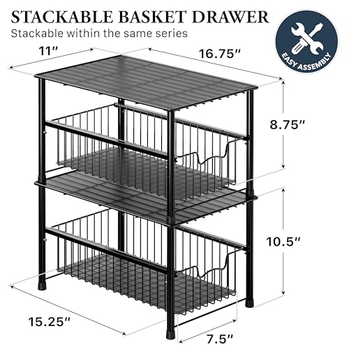 Wired Stackable Under Sink Cabinet Sliding Basket, Black - view 2