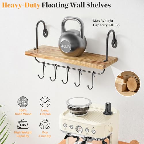 Floating Wall Shelves for Kitchen Bathroom Coffee Nook with 10 Adjustable Hooks for Coffee Mugs, Coffee Bar Organizer and Decor, Rustic Storage Shelves Set of 2 - view 4