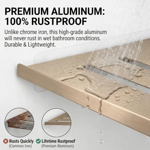 Corner Shower Shelf, 8 Inch Champagne gold 2-PACK Bathroom Corner Organizer, Adhesive Wall Mounted Shower Caddy, Waterproof Rustproof Metal Storage Rack for Shampoo Soap - view 4