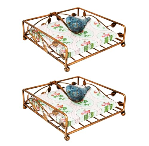 Collection Set of 2 Bronze Coated Metal Flat Napkin Holder Dispensing Stand w/Ceramic Bird, Kitchen and Countertop Flat Napkin Storage Organizer - view 6