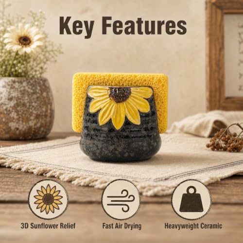 Ceramic Sunflower Dish Sponge Holder For Kitchen Sink Caddy Organizer Decor - view 3