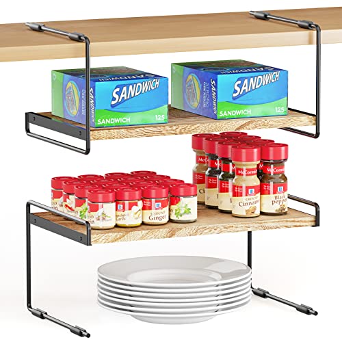 Cabinet Shelf Organizers 2 Pack, Kitchen Counter Organizer Rack Under Shelves Riser, Pantry Cupboard Storage Organization, Metal and Wood, Black and Natural, 16" Wide