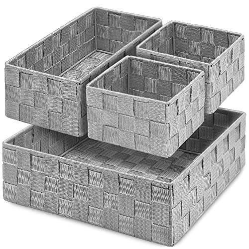 Drawer Organizer Bins,Woven Strap Storage Box Cube Basket Containers Divider for Organizing drawers, Shelves, Closets, Cabinets, Dressers and Countertops,set of 4, Light Grey