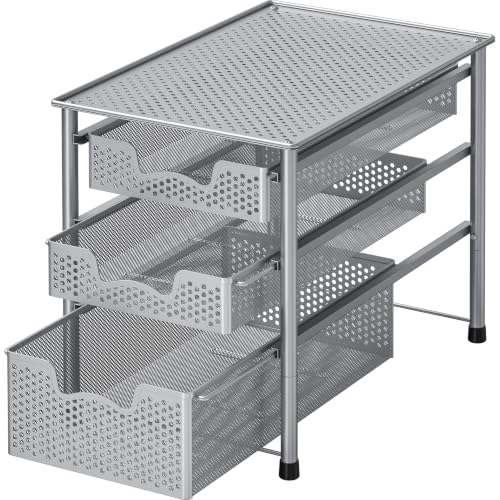 Stackable 3 Tier Sliding Basket Organizer Drawer, Silver