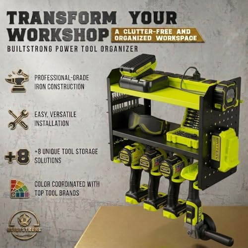 Power Tool Organizer Wall Mount – 3-Tier Heavy-Duty Steel Rack, 4 Drill Slots, Pegboard + Utility Side, 100 lb Capacity – Garage, Workshop & Shed Storage (Green) - view 3