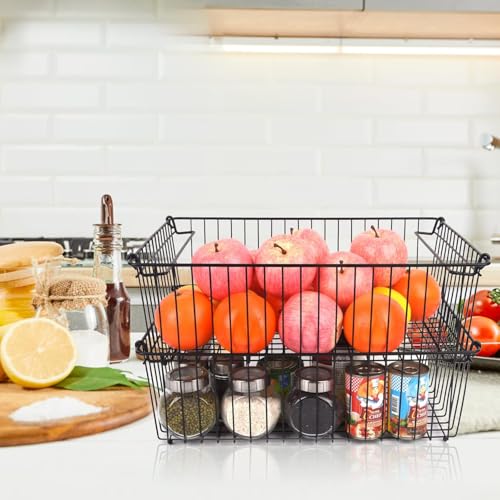 Set of 2 Stackable XXL Wire Baskets For Pantry Storage and Organization -16x12in Large Metal Food Baskets -Vegetable,Fruit,Potato,Onio, Pantry Storage Bins With Handles (White, XXL) - view 5