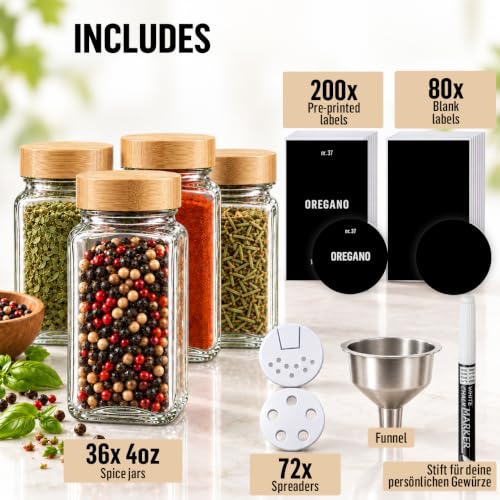 Spice Jars with Bamboo lids 36 x 4oz - Seasoning Jars +280 Labels - view 2