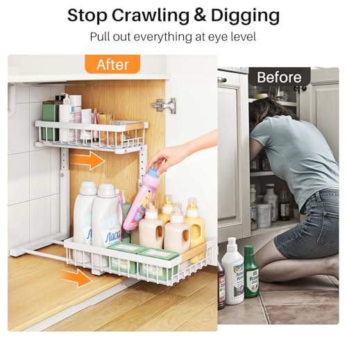 Under Sink Organizer, Adjustable Height, 2 Tier Pull Out Under Cabinet Organizer, Slide Out Thickened Metal Under Sink Storage for Kitchen Bathroom Laundry Pantry Cabinet, White, Large-2-Pack - view 4