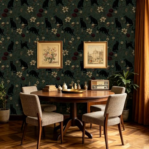 Dark Green Gothic Black Cats Peel and Stick Wallpaper 17.5" x 118" - view 3