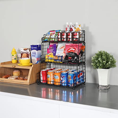Stackable Wire Basket 3 Tier Countertop& Wall Mounted Metal Storage Basket for Kitchen Pantry Cabinet, Muti-functional Open Front Bin Organizer for Food Fruit Snack, Black - view 2