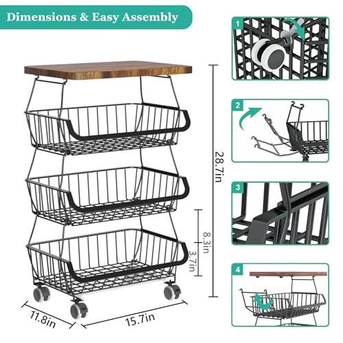 Fruit Basket with Wooden Lid for Kitchen, 4-Tier Stackable Wire Fruit Vegetable Storage Basket Organizer Stand on Wheel, Produce Basket Potato Onion Storage Bins Rack Cart for Pantry - view 6