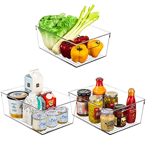 Clear Square Fridge Bins- Thick Sturdy Plastic Refrigerator Pantry Organizer- Versatile Non-Slip Stackable Cabinet Organization- Bath, Makeup, Food Snack Packet Organizer - 3 Pack