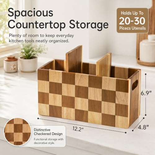 Kitchen Utensil Holder, 3 Compartment Large Wooden Utensil Organizer - view 3