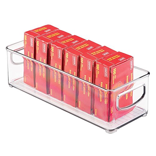Small Plastic Office Storage Container Bins with Handles for Organization in Filing Cabinet, Closet Shelf, or Desk Drawers, Organizer for Notes, Pens, Pencils, Ligne Collection, Clear