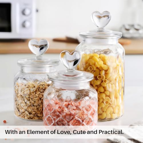 22 oz Clear Glass Canister with Cute Heart shaped Lids Set, Food Storage Glass Jars with Airtight Lids for Kitchen and Dining Room, Grid/Set of 2 - view 6