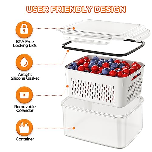 5-Pack Fruit Storage Containers for Fridge with Removable Colanders, 4 in 1 Produce Storage Containers with Lids, Leakproof Fridge Organizer Bins for Salad Berry Lettuce Vegetables Meat Keeper Fresh - view 4