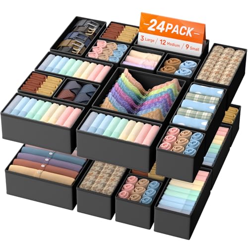 Drawer Organizer Clothes, 24 Pack Drawer Organizers and Underwear Organizer for Nursery, Dividers Clothes Organizer, Closet Organization and Foldable Storage Bins for Sock, Bra, Tie, Black