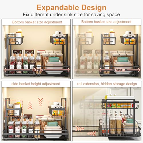 Under Sink Organizer, 1 Pack 2-Tier Expandable Pull Out Storage with Ball-Bearing Slides, Height Adjustable for Kitchen Bathroom Cabinet, Black - view 5