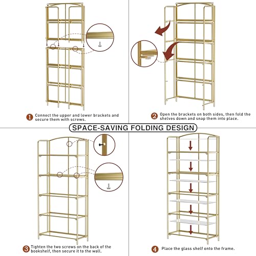 5-Tier Wider Foldable Bookshelf, Gold Frame & Transparent Shelves - view 4