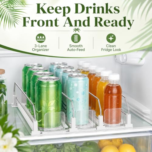 Drink Organizer for Fridge, Adjustable Width Soda Can Dispenser for Refrigerator Organizers and Storage, 3 Rows Beer Bottle Beverage Holder with Pusher Glide (14.96" D, White) - view 3