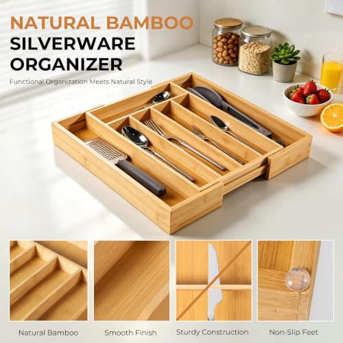 Silverware Organizer Kitchen Drawer Organizer Expandable Bamboo Utensil Holder Cutlery Tray for Kitchen Utensil and Flatware Bedroom Office - view 6