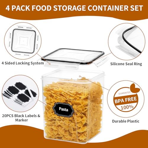 4 Pack Large Airtight Food Storage Containers with Lids (5.2L / 176oz), BPA Free Plastic Kitchen and Pantry Organization Contianers for Cereal Flour and Sugar Storage, Labels & Marker - view 3