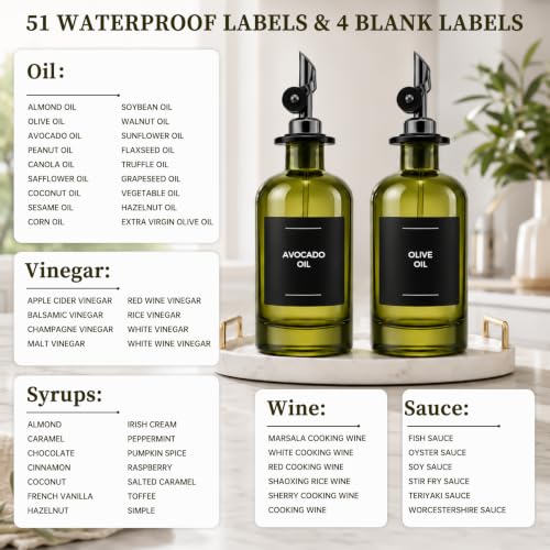 Glass Olive Oil Dispenser Set of 4, 350ml/11.8oz UV-Protected Green Bottles Self-Closing Pourer, Includes 50 Labels, Funnel & Aligner, Oil & Vinegar Dispenser for Kitchen Cooking - view 5