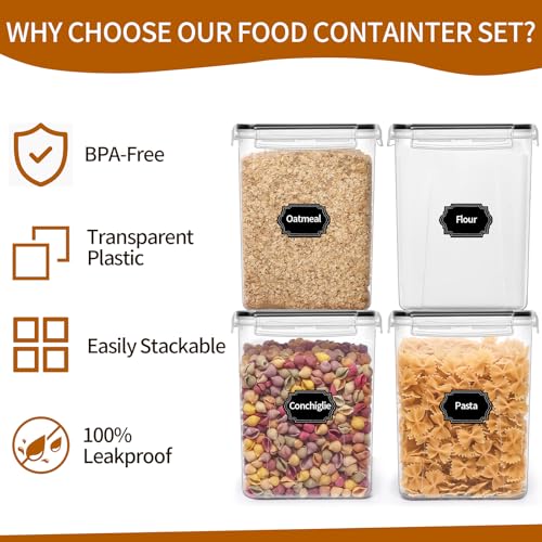 4 Pack Large Airtight Food Storage Containers with Lids (5.2L / 176oz), BPA Free Plastic Kitchen and Pantry Organization Contianers for Cereal Flour and Sugar Storage, Labels & Marker - view 5