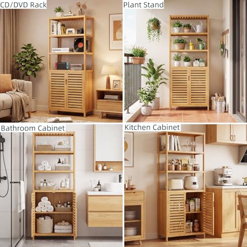 6-Tier Bamboo Book Shelves with 2 Door, Tall Bathroom Storage Cabinet - view 4