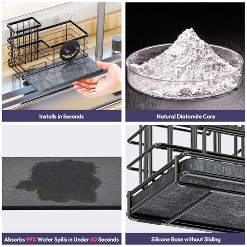 Kitchen Sink Caddy Organizer, Quick Dry Smiley Face Sponge Holder with Instant Drying Stone, Large Rustproof Sink Organizer for Kitchen Countertop Organization, Black - view 3