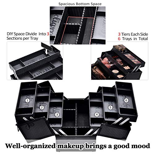 Makeup Train Case Professional Adjustable - 6 Trays Cosmetic Cases Makeup Storage Organizer Box with Lock and Compartments 14 Inch Large Black - view 2