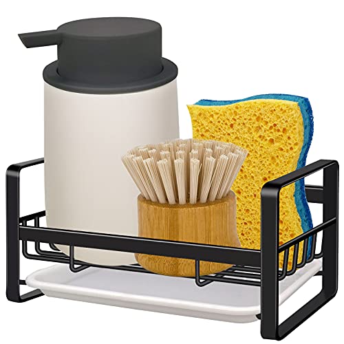 Kitchen Sink Caddy Sponge Holder Organizer, Sink Tray Drainer Rack, Soap Dish Dispenser Brush Holder Storage Accessories - Countertop or Adhesive Wall Mount, Matte Black Stainless Steel