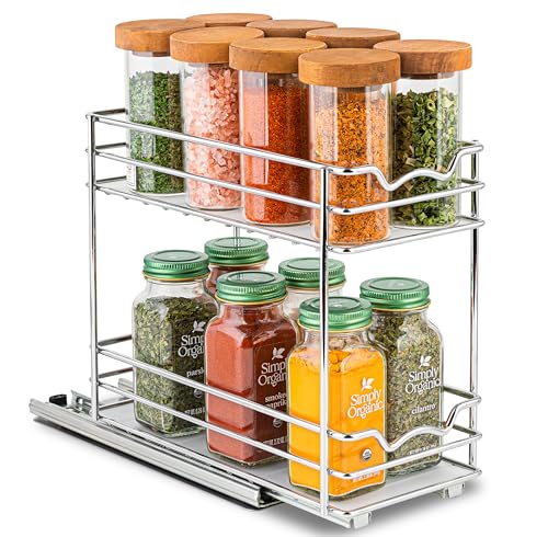 Pull Out Cabinet Organizer for Spices, Cans - Heavy Duty with Lifetime Limited Warranty- Pull Out Spice Rack- Cabinet Pull Out Shelf for Cans,Dishes, Etc, 4" Wx10-3/8 Dx8-7/8H, Silver