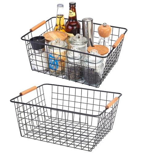 Large black wire basket for Organizing with Wooden Handles,pantry refrigerator organizers and storage,Snack Storage Baskets for Cabinets, Closets, Bedrooms, kitchen -2pack（Black）