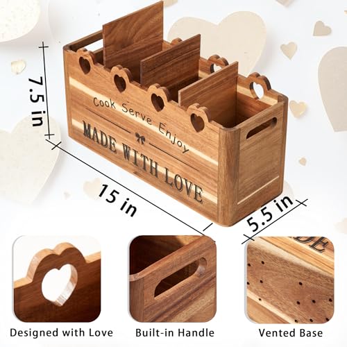 Kitchen Utensil Holder, Large Acacia Wood Organizer for Countertop | Extra Large Farmhouse Style with 4 Compartments, Rustic Wooden Storage for Cooking Tools & Cutlery - view 6