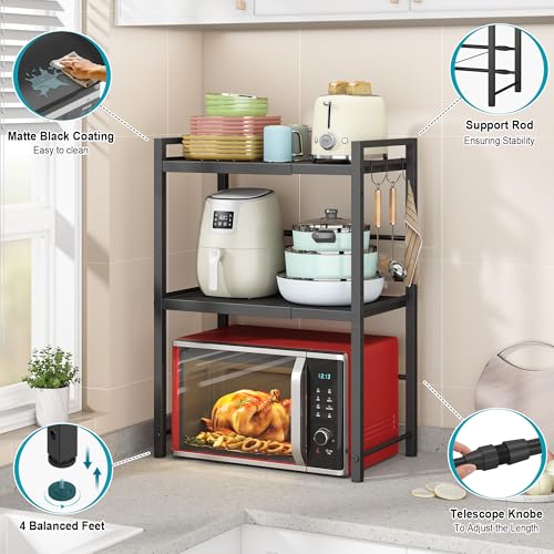 Expandable Microwave Rack, Countertop Kitchen Utensils Tableware Storage, Carbon Steel 3 Tier Shelf with 3 Hooks - view 4