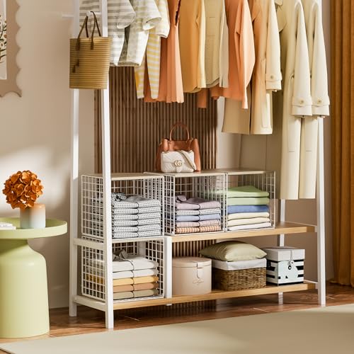 3PCS Stackable Closet Organizers and Storage, Closet Shelves with Wood Top Extra Storage, Clothes Storage Organizer Basket Bin/Cube for Home Wardrobe Organization(White-Sturdy Metal) - view 7