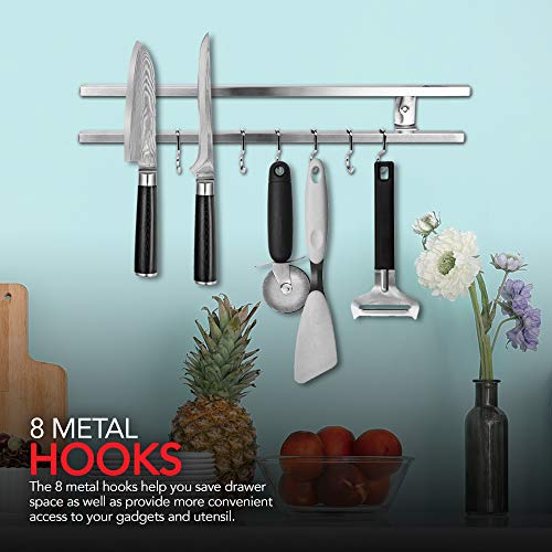 (16 Inch Stainless Steel Metal Magnetic Knife Holder, Wall Mount Double Bar with 8 Hooks - Multipurpose Knife Magnetic Strip, Utensil Hanger, and Kitchen Storage Rack Magnet - view 4