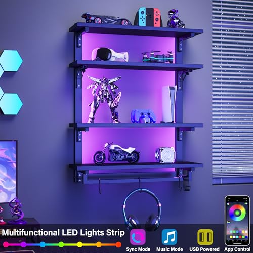24" Foldable Gaming Floating Shelves with LED Lights, 4 Tier Display Rack with Adjustable Shelf, Wall Mounted Shelf with Hanging Rod and 8 S-Hooks for Gaming Room, Black - view 4