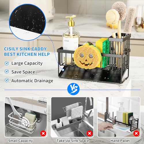 Kitchen Sink Caddy Organzier with High Brush Holder, Sponge Holder for Sink, 304 Rustproof Stainless, Kitchen Countertop Soap Dispenser Organizer (Black With Smiley Face Holder, 9.25″) - view 3