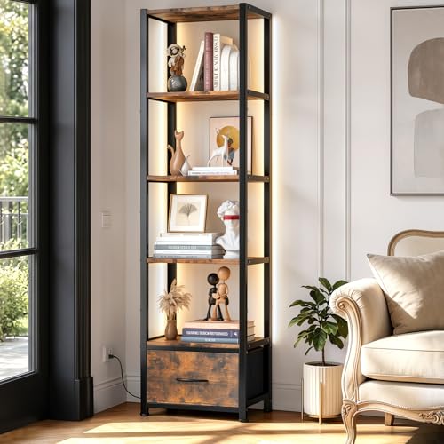 6 Tier 60.6" Tall Bookshelf with Storage and LED Light, White - view 8