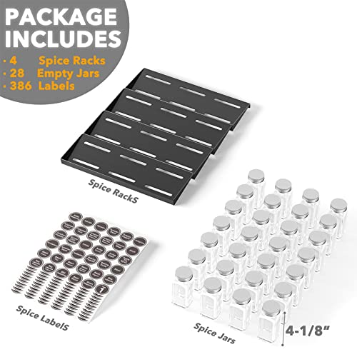 Spice Drawer Organizer with 28 Spice Jars, 386 Spice Labels, 4 Tier Seasoning Rack Tray Insert for Kitchen Drawers, 13" Wide x 17.5" Deep - view 6